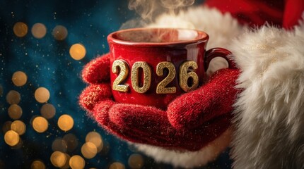 Santa Claus hands holding red steaming mug with 2026 number, hot coffee or tea cup, Happy New Year and Christmas holiday concept.
