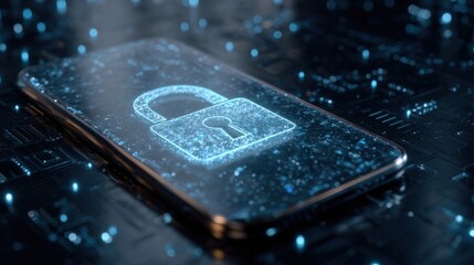 A smartphone rests on a circuit board with a digital security lock graphic on its screen. The background shines with blue data points creating a tech theme