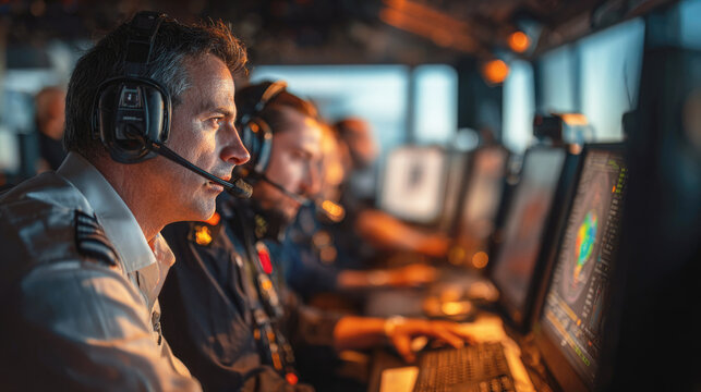 Focused military officers monitor radar screens in a control room, using headsets and advanced systems during a high-stakes mission or navigation operation.
