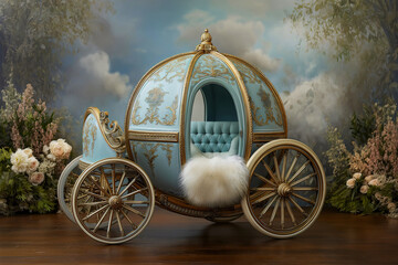 Ornate blue and gold fairytale carriage with tufted interior white fur cushion, newborn photography backdrop, fine art dreamy garden background.