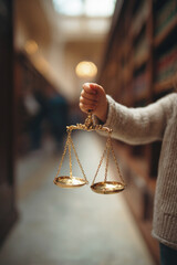 Golden balance scale held by hand in law library, symbolizing justice, fairness, legal principles and courtroom ethics in a professional setting.