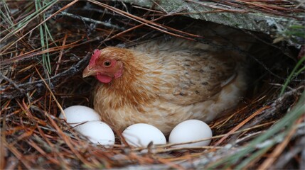 Mother Hen Brooding Over Eggs in Straw Nest.