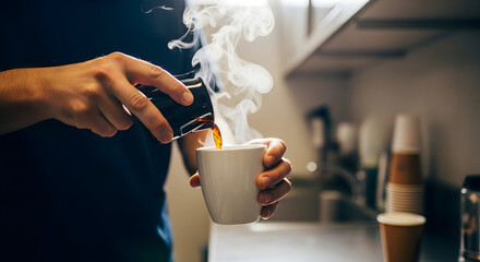 Pouring Freshly Brewed Coffee into a White Cup with Steam Rising in a Modern Kitchen During a Relaxing Morning Routine