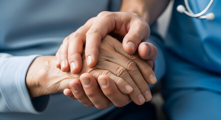 Close-Up of Two Hands Intertwined Representing Compassion and Support in a Healthcare Setting with a Focus on Patient and Nurse Relationship