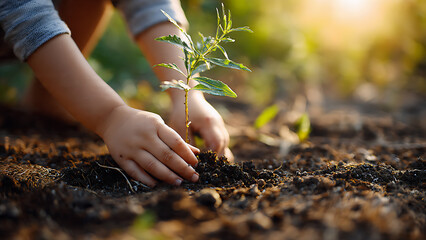 Fototapeta premium cinematic wide shot of young trees being planted in a green open field, hands placing small tree seedlings into soil warm morning sunlight