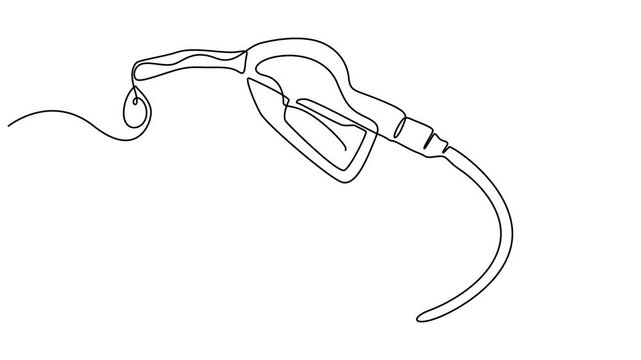 Fuel pump nozzle animation continuous one line drawing, Gasoline pistol isolated on white background. One line continuous gasoline pistol art, Refueling gas gun dispenser single continuous line art. 