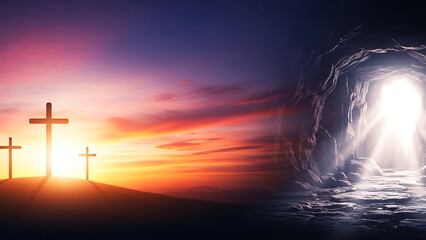 Three Crosses at Sunset and Empty Tomb: Christian Easter Resurrection, Hope, and Good Friday Concept