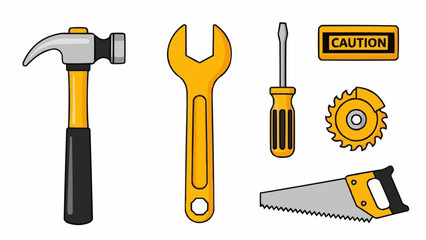 Set of various construction and repair tools including a hammer, wrench, screwdriver, saw, and circular blade