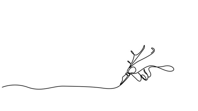 Animated self drawing of continuous line draw.  Hand holding pen. Full length one line animation. 4K, Continuous one line drawing of Hand holding pen. Single line illustration of Hand holding ball pen