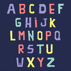 Colorful alphabet for children. Cartoon kids font. Colourful english alphabet on blue background.