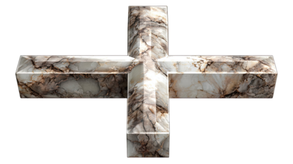 Polished marble stone cross sculpture with natural veining realistic religious symbol 3D render isolated on white background
