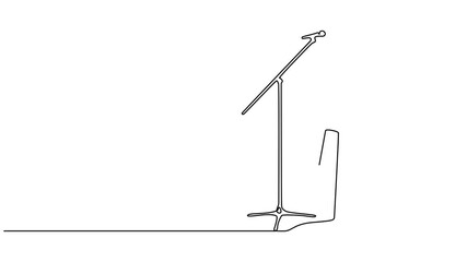 Animated self drawing of single continuous line draw microphone and stool on stand up comedy stage, Full length one line animation, Equipment at night club or bar for stand up comedian performance. 