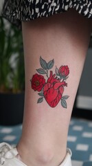Red Heart and Rose Tattoo on Womans Lower Leg.