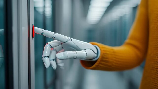 Safe human robot interaction, with a robotic hand pressing a button.
