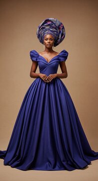 Elegant african woman in a blue ball gown and a traditional gele headwrap for a celebration