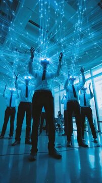 Panoramic shot of a modern corporate environment where people wearing smart glasses are connected to bright blue digital puppet strings, symbolizing control, technology, and digital influence.