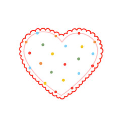 Maximalist heart decorated with polka dot print and red lace. Symbol of love. Eclectic background. Whimsical card design for valentine day, birthday, wedding