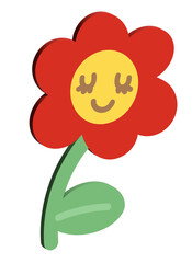 Inflated happy flower with green leaf in 3D for model, merchandise, plant, tree, nature, garden, floral print, decorations, cartoon character, comic, patch, brooch, print, sticker, brand label, icon