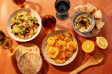 A vibrant Middle Eastern and North African meal with couscous, citrus salad, and creamy dip with pita
