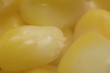 A vibrant, highly detailed macro close-up of glossy sweet corn kernels, showcasing freshness and texture. The bright yellow color and clear water droplets emphasize a healthy, natural, and appetizing 