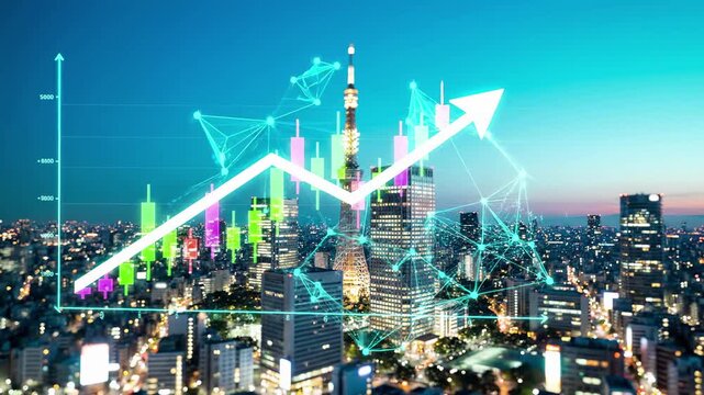Urban skyline at twilight with financial trading charts, candlestick patterns, and upward growth arrow overlaid. Digital network connections illustrate market analytics, investment trends