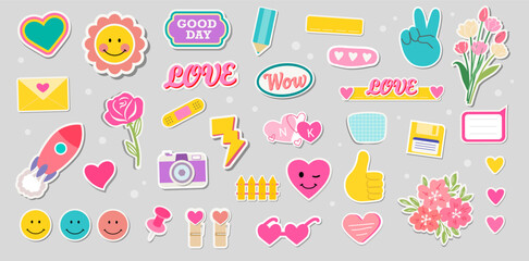 Cute and fun emoji stickers. Mood and emotion comic shapes. Trendy cool and flat retro sticker design groovy cartoon illustrations.