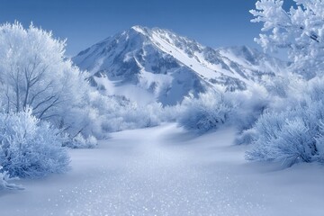 Serene winter landscape with snow-covered trees and a majestic mountain under a clear blue sky, evoking a peaceful and tranquil natural scene.