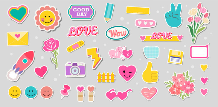 Naklejki Cute and fun emoji stickers. Mood and emotion comic shapes. Trendy cool and flat retro sticker design groovy cartoon illustrations.