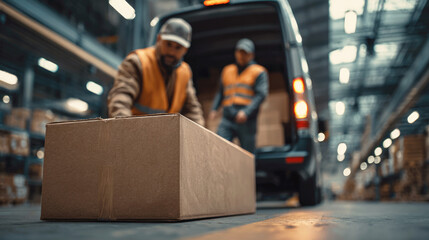 Warehouse workers in safety vests unload large cardboard boxes from a delivery van, focusing on logistics, shipping and supply chain operations. Selective focus.