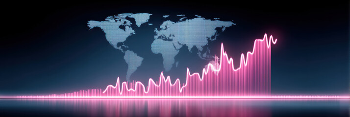 Digital e commerce data chart rising pink waveform with global map background vibrant financial