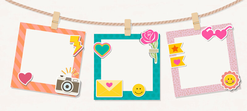 Design photo frames on nice background. Decorative template for baby, kid, family or memories. Scrapbook concept, vector illustration. Birthday 