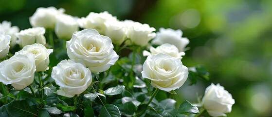 Fototapeta premium Bouquet of white roses set against a white rose background captured in high-definition detail in a garden setting during daylight hours