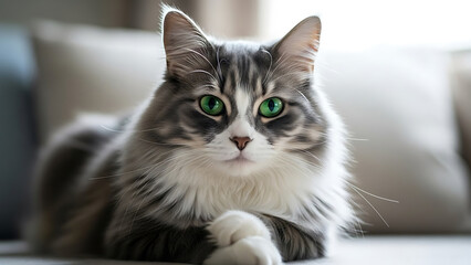 Close-up portrait of a beautiful long-haired tabby cat with striking green eyes, looking directly at the camera with a calm expression