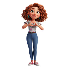 Animated woman with curly red hair forms heart shape with hands female character