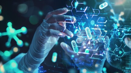 Scientist Hands Interacting with Holographic DNA and Molecular Structures.