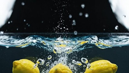 lemons falling into water with splash creating bubbles and water droplets on a dark background - Powered by Adobe