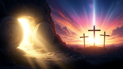 Easter Resurrection: Empty Tomb with Bright Light and Three Crosses Silhouetted Against a Dramatic Sunset Sky