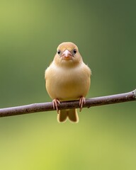 Small Beige Finch Perched on Thin Branch in Nature.