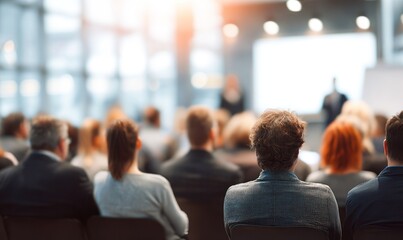 Audience members seated facing a bright presentation screen in a hall.