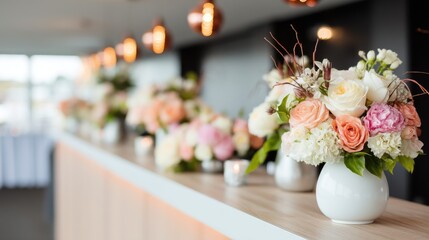 Obraz premium Elegant flower arrangement on the stage of a wedding hall with pastel colors and a modern reception desk under soft lights