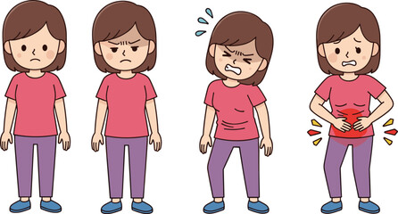 Cartoon girl with abdominal pain, stomach ache progression, digestive discomfort, medical symptom illustration, child health issue, pediatric pain concept
