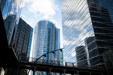 Urban skyline of corporate skyscrapers architecture in La Defense Paris with modern business offices in a global finance district