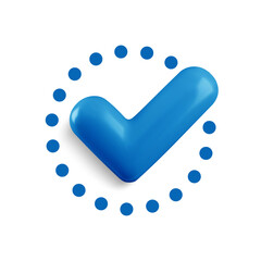 Vector realistic 3d Check mark in flat dotted circle icon. Trendy plastic blue checkmark, select circle icon on white background. Blue round yes button. 3d render tick sign for web, app, design, game.