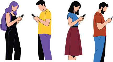 People using smartphones illustration, modern mobile communication concept, diverse men women texting online, flat vector characters, isolated white background