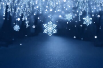 Snowflakes and frosty branches hanging from above on a blue background. Winter Christmas holiday concept for greeting card or banner.