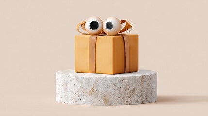 Cute yellow gift box with eyes on a marble pedestal