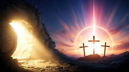 Easter Resurrection: Empty Tomb and Three Crosses at Sunrise with Divine Light