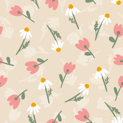 Vector chamomile and tulip seamless pattern. Hand drawn meadow flowers on beige background. Floral cute print for summer wallpaper, fashion print design, fabric, textile, decoration, wrapping.