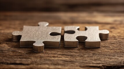 Two Golden Puzzle Pieces Interlocking on Rustic Wooden Surface.