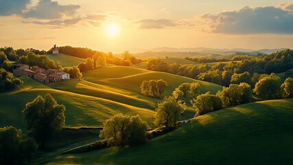 Golden Sunrise Over Rolling Green Hills and Tranquil Countryside Village in Nature Landscape